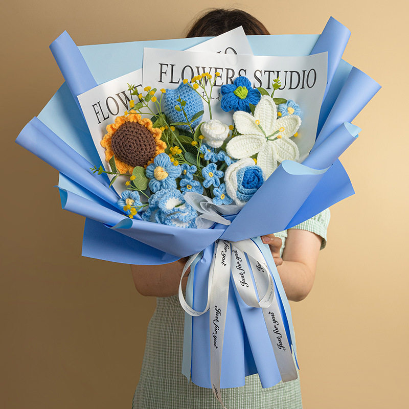 针织毛线花束成品向日葵手工编织仿真玫瑰百合钩织花束情人节礼物