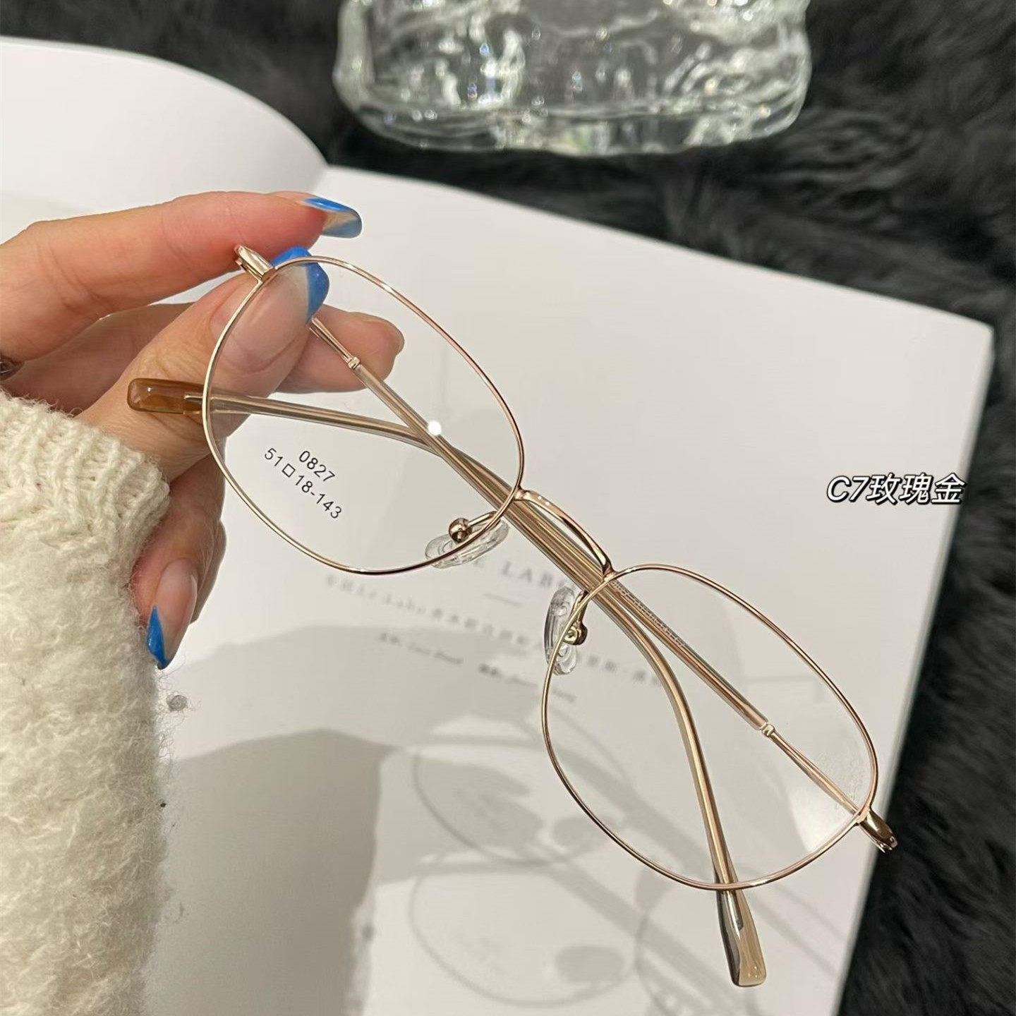 方形超轻金属细框眼镜架男女防蓝光玫瑰金小脸近视可配度数文艺潮