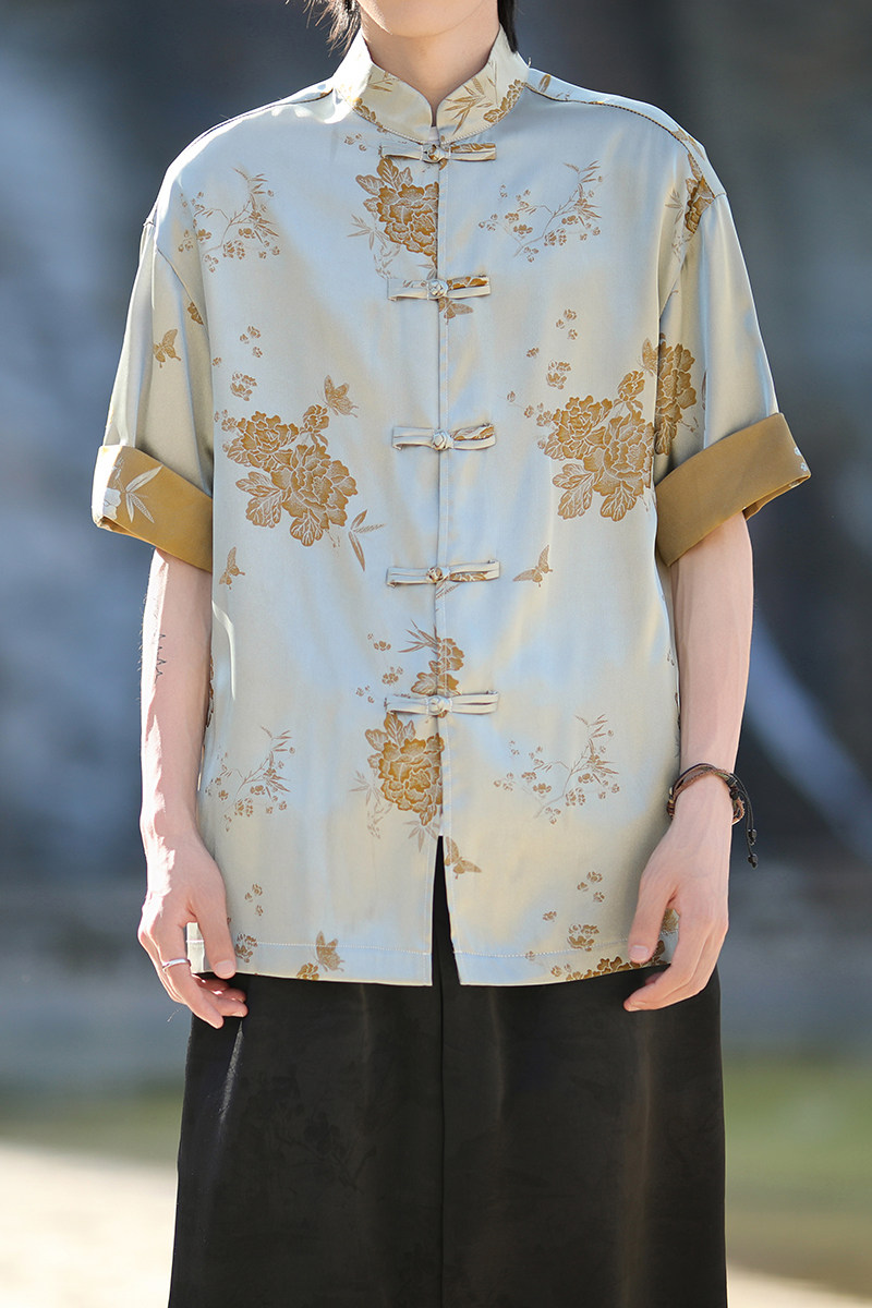风新中式衬衫提花复古短袖盘扣撞色上衣A100-C328-P65,男装衬衫,电商A100