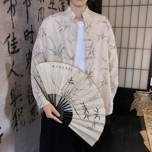 亚麻风新中式男式衬衫长袖印花竹子电商A100-M111-P85图片