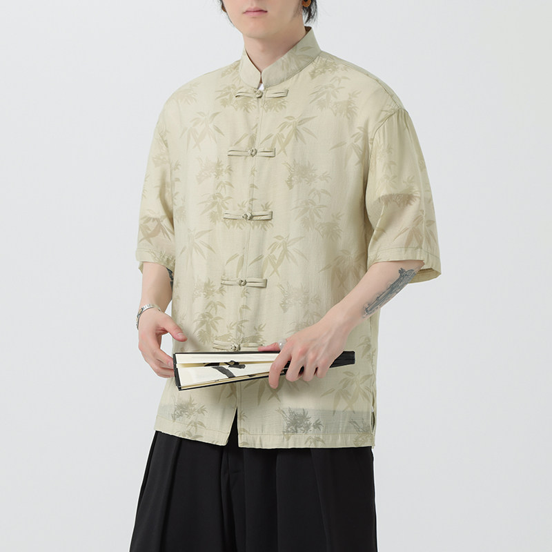 新中式盘扣中山唐装风暗纹小众高级感衬衫A100-232-P65,男装衬衫,电商A100