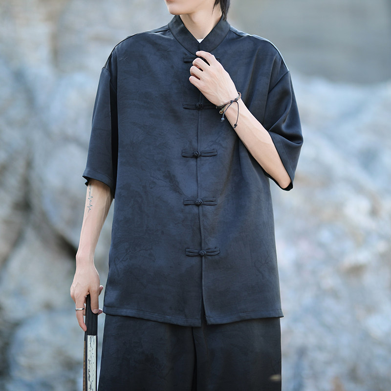 夏季薄款大码男士风唐装手工盘扣短袖衬衫A100-C330-P75,男装民族服装,电商A100