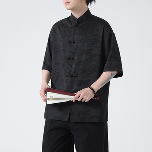 夏季薄款大码男士风唐装手工盘扣短袖衬衫A100-237-P65图片