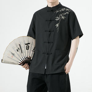 复古刺绣唐装男风夏季薄款冰丝短袖衬衫中式汉服宽松大码G103