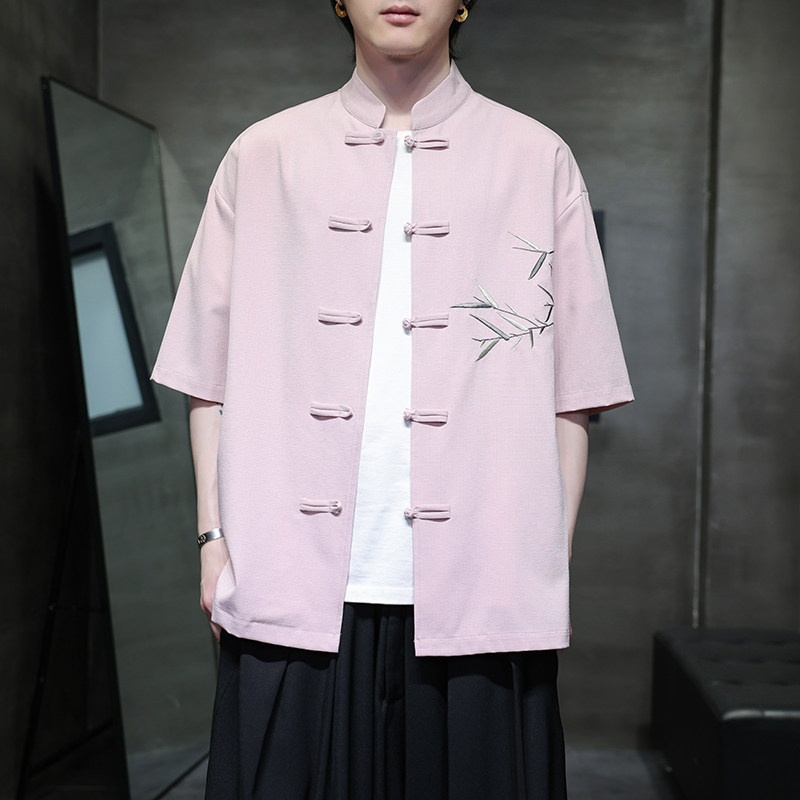 新中式唐装男风短衬衫复古刺绣汉服宽松大码电商A100-251-P65，男装民族服装，电商A100