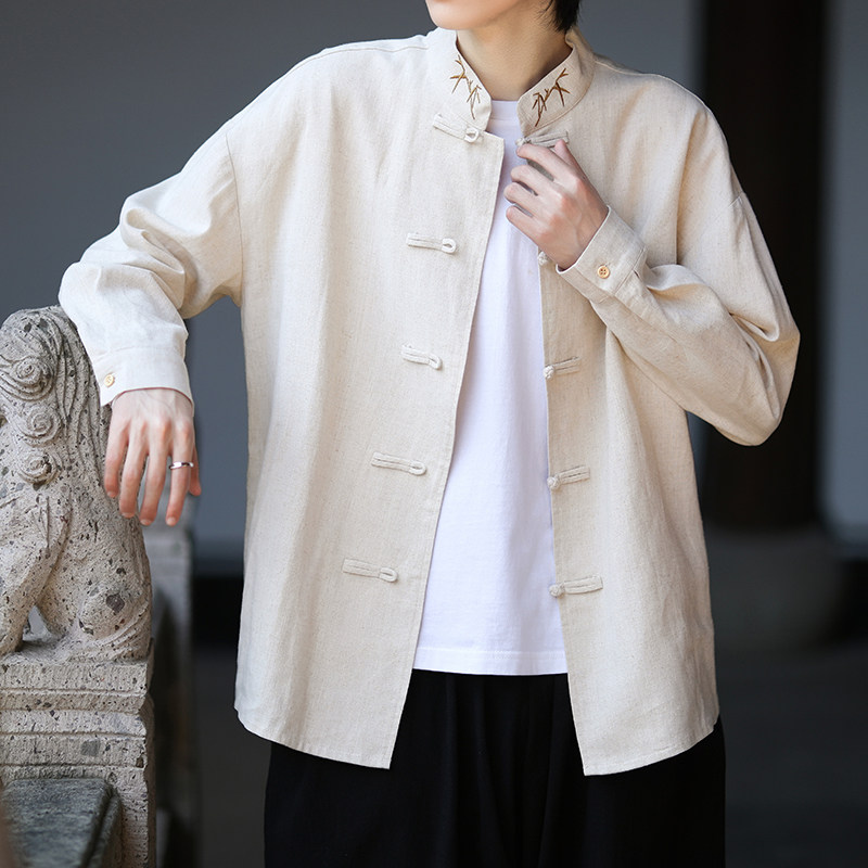 风新中式亚麻盘口刺绣衬衫电商A100-C90-P70,男装民族服装,电商A100