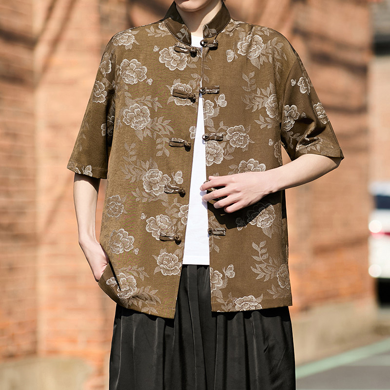 风中式牛仔提花短袖盘扣衬衫电商A100-2808-P75，男装T恤，电商A100