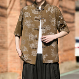 风中式牛仔提花短袖盘扣衬衫电商A100-2808-P75，男装T恤，电商A100