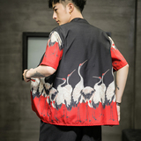 风衬衫唐装古风仙鹤印花盘扣中式电商A100-1011-P55，男装衬衫，电商A100