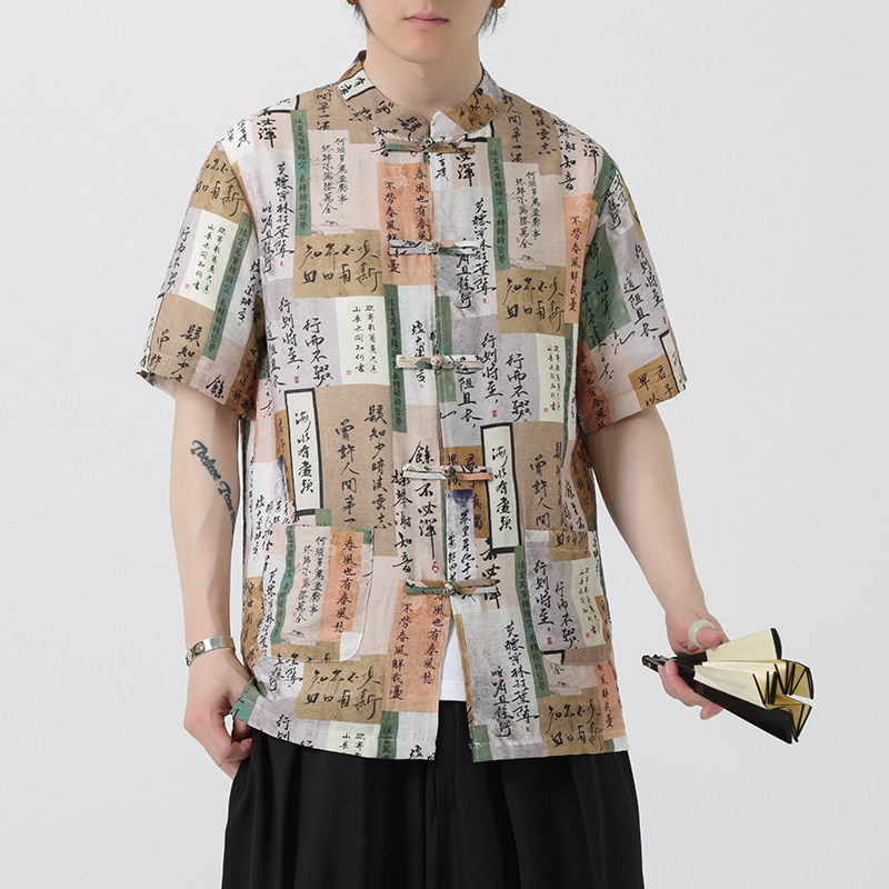 风夏季盘扣休闲短袖花衬衫潮流宽松青年衬衣A100-257-P55,男装T恤,电商A100