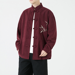 刺绣春秋青年男士紫色牛仔衬衫居士服外套盘扣大码复古古风宽松图片