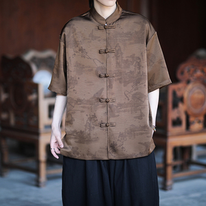 夏季薄款大码男士风唐装手工盘扣短袖衬衫A100-C330-P75图片