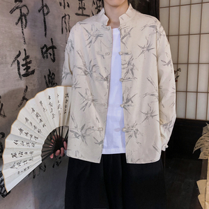 亚麻风新中式男式衬衫长袖印花竹子电商A100-M111-P85图片