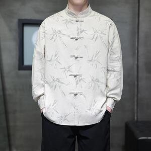 亚麻风新中式男装长袖衬衫竹子印花电商A100-M111-P85图片