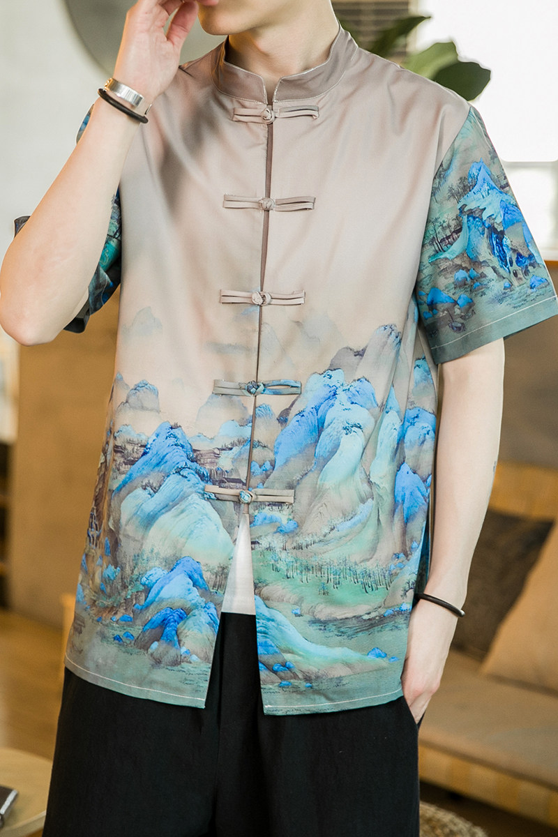 山水国画印花中国风衬衫高品质2钱塘大厦4018-1010-P65,男装衬衫,电商A100
