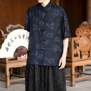 风中式牛仔提花短袖盘扣衬衫电商A100-2808-P75图片