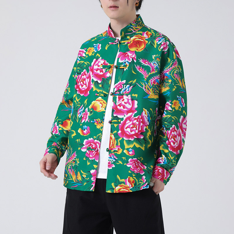 男士风新中式手工盘扣唐装东北大花衬衫A100-255-P50,男装衬衫,电商A100
