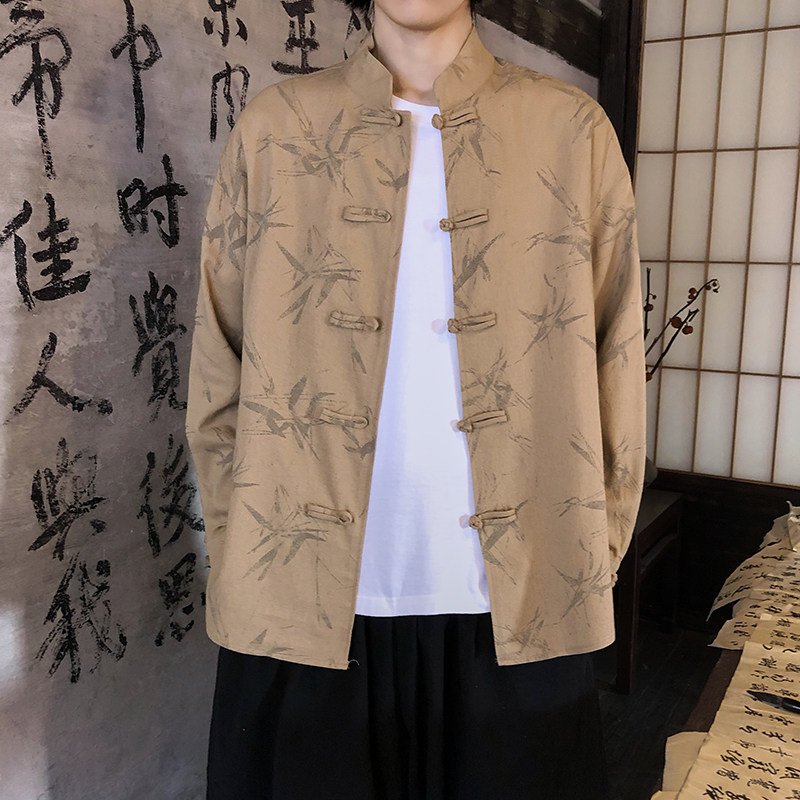 亚麻风新中式男式衬衫长袖印花竹子电商A100-M111-P85图片