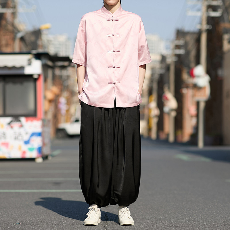 粉色提花男士风唐装衬衫盘扣电商A100-2801-P60,男装衬衫,电商A100