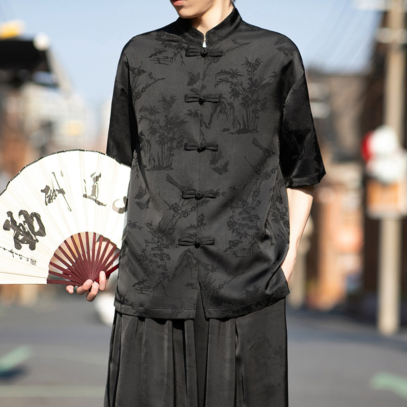 风男士提花短袖盘扣衬衫电商A100-2803-P60,男装T恤,电商A100