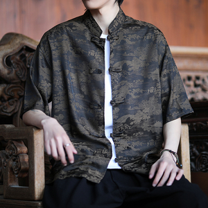 夏季薄款大码男士风唐装手工盘扣短袖衬衫A100-237-P65图片