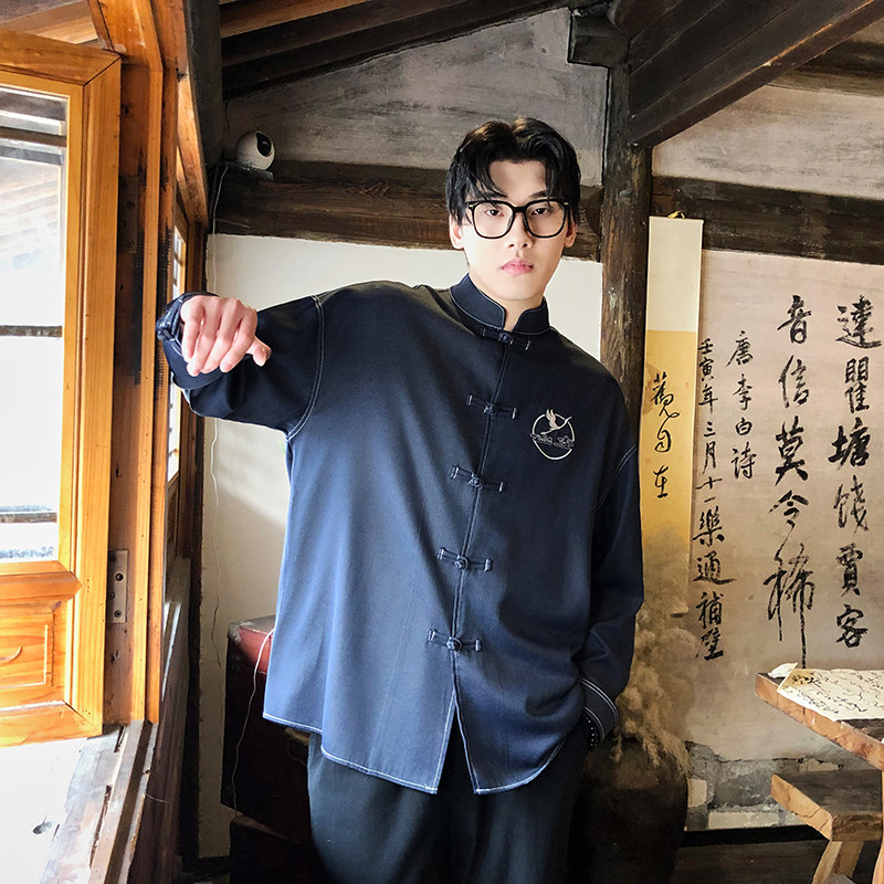 风新中式牛仔衬衫刺绣复古长袖上衣电商A100-C333-P65,男装衬衫,电商A100