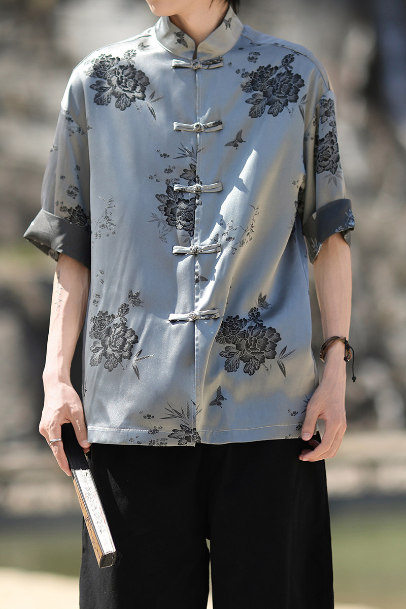 风新中式衬衫提花复古短袖盘扣撞色上衣A100-C328-P65,男装T恤,电商A100