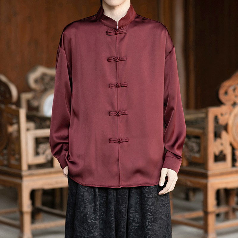 风缎面顺滑长袖唐装盘扣衬衫男士百搭新中式A100-2810-P65,男装衬衫,电商A100
