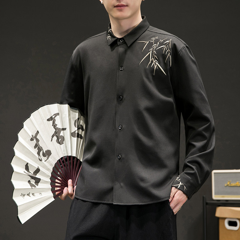 风自主设计款竹子绣花长袖衬衫电商A100-C30-P65，男装衬衫，电商A100