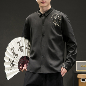 风自主设计款竹子绣花长袖衬衫电商A100-C30-P65，男装衬衫，电商A100