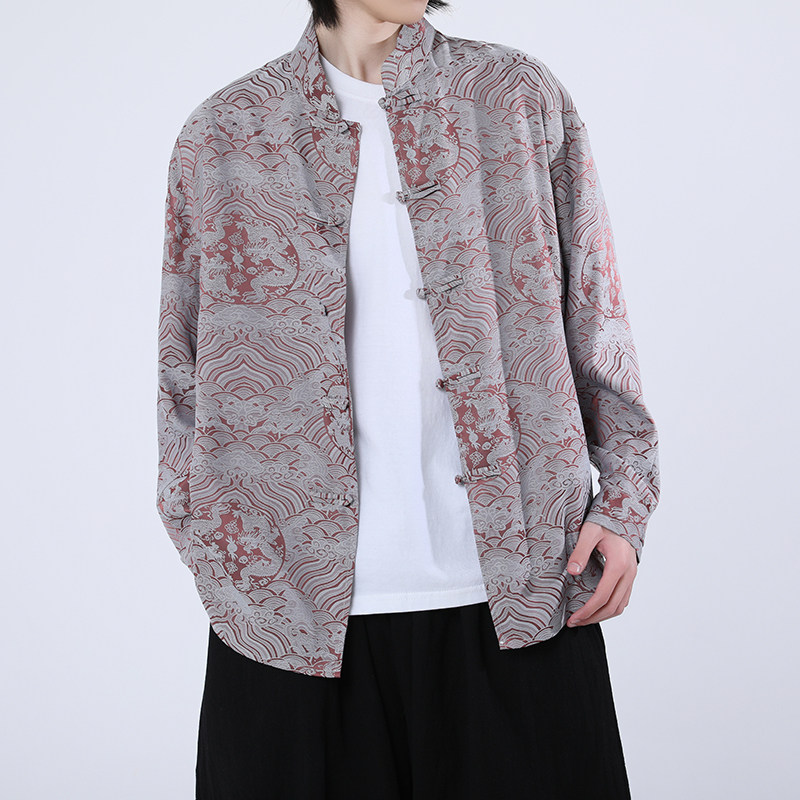 风新中式压花龙纹汉服长袖衬衫A100-C312-P65,男装衬衫,电商A100