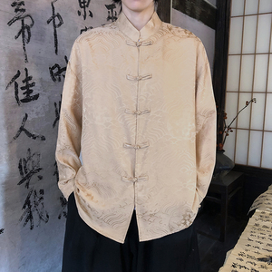 风新中式压花龙纹汉服长袖衬衫A100-C312-P65,孔雀蓝棉服怎么搭配胖mm图片