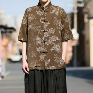 风中式牛仔提花短袖盘扣衬衫电商A100-2808-P75，男装T恤，电商A100