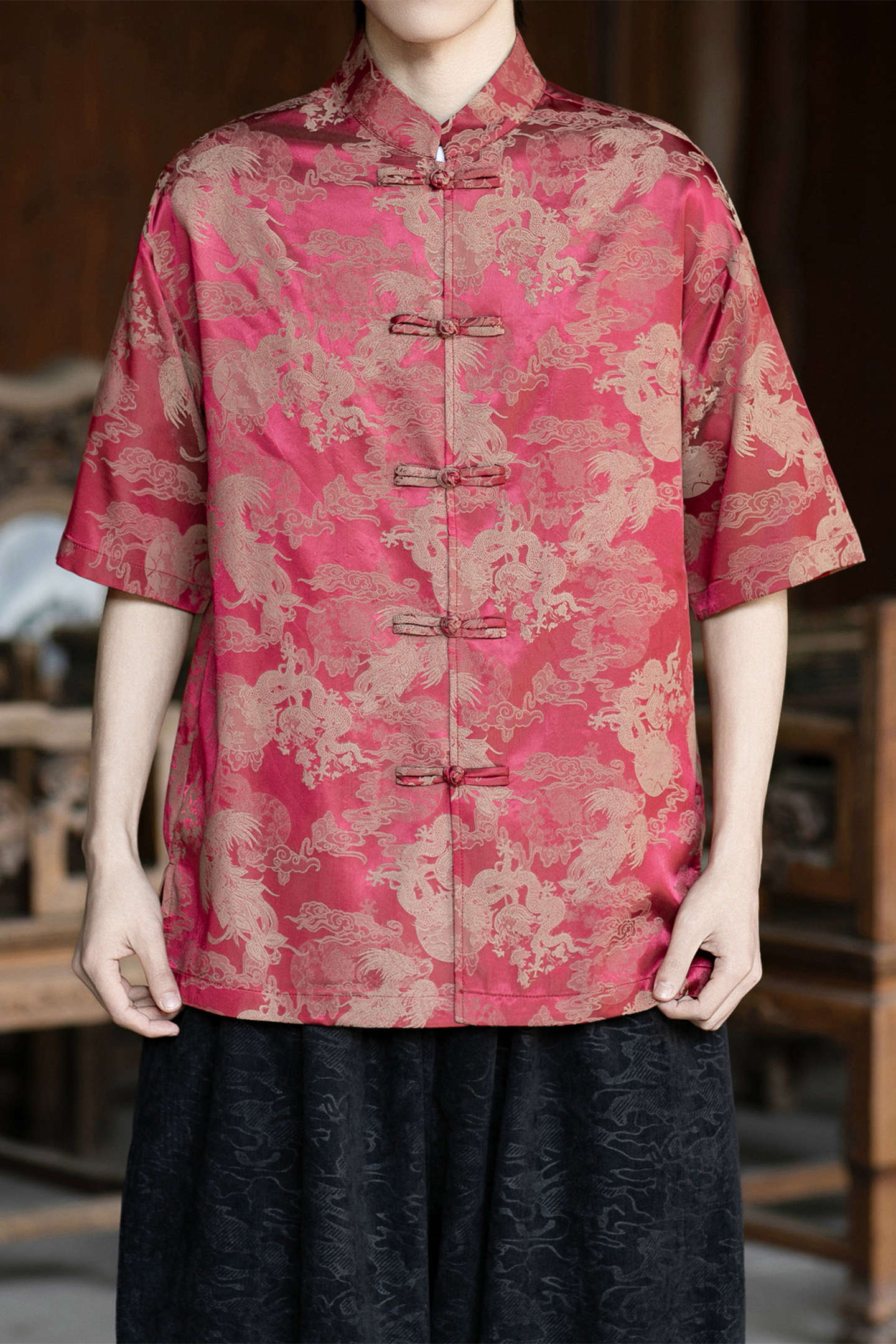 风提花唐装男士短袖衬衫盘扣新中式电商A100-2802-P65,男装T恤,电商A100