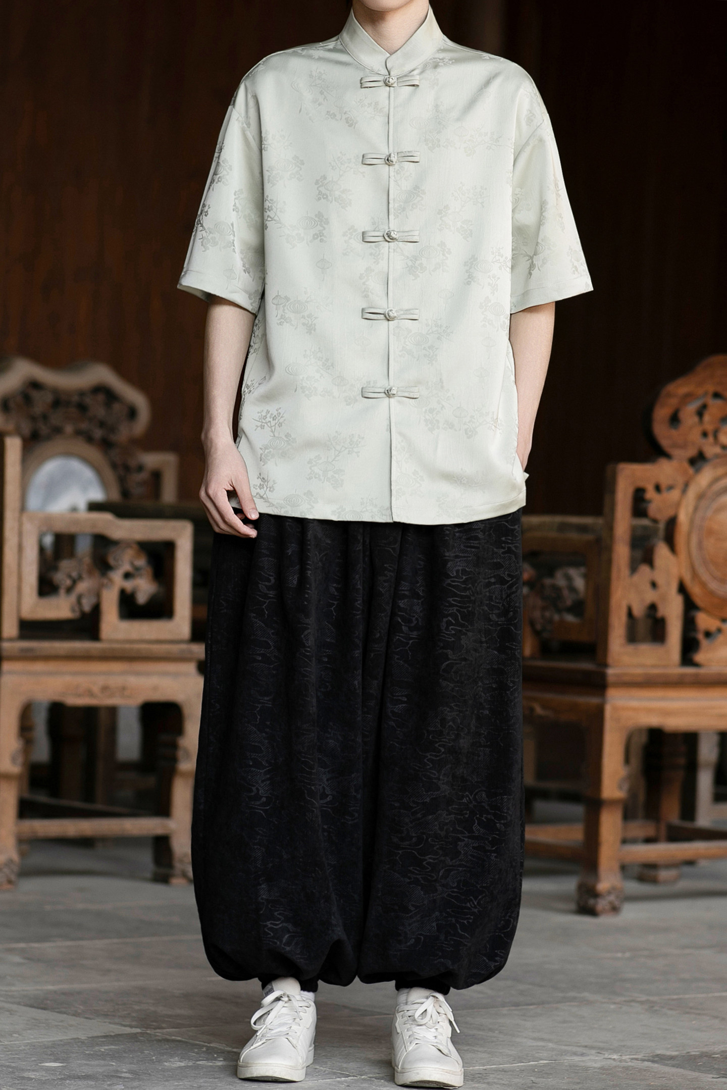 风唐装盘扣提花短袖纯色衬衫电商A100-2807-P65,男装T恤,电商A100