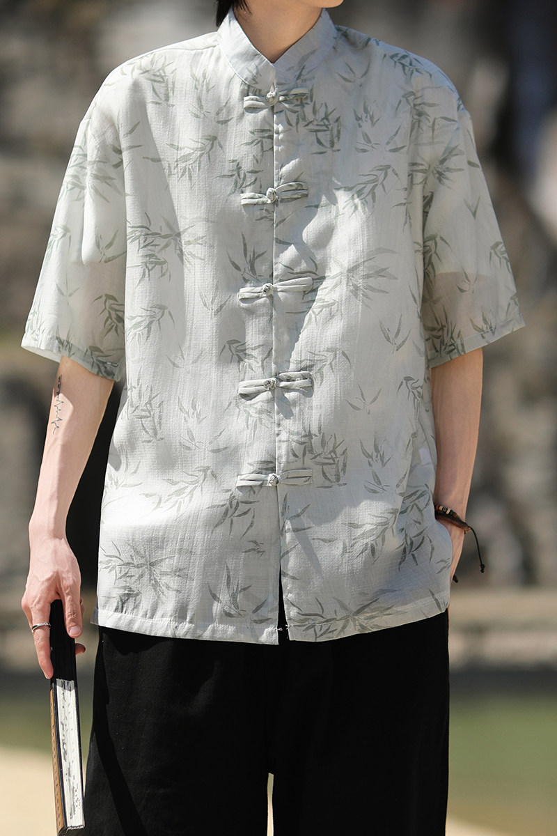 风新中式竹叶印花衬衫电商A100-C326-P65,男装衬衫,电商A100