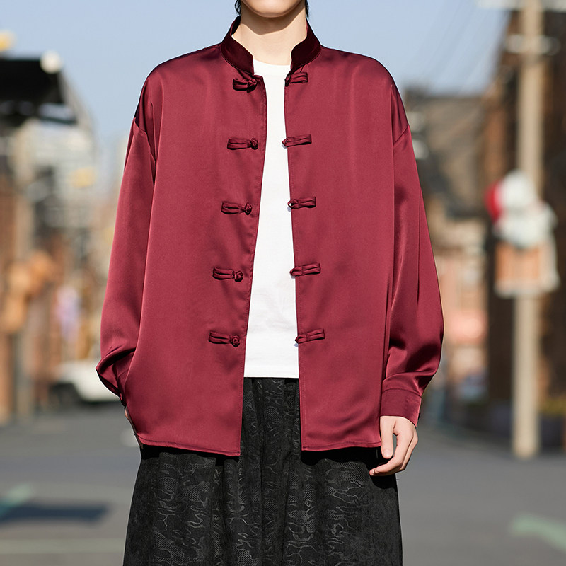 风缎面顺滑长袖唐装盘扣衬衫男士百搭新中式A100-2810-P65，男装衬衫，电商A100