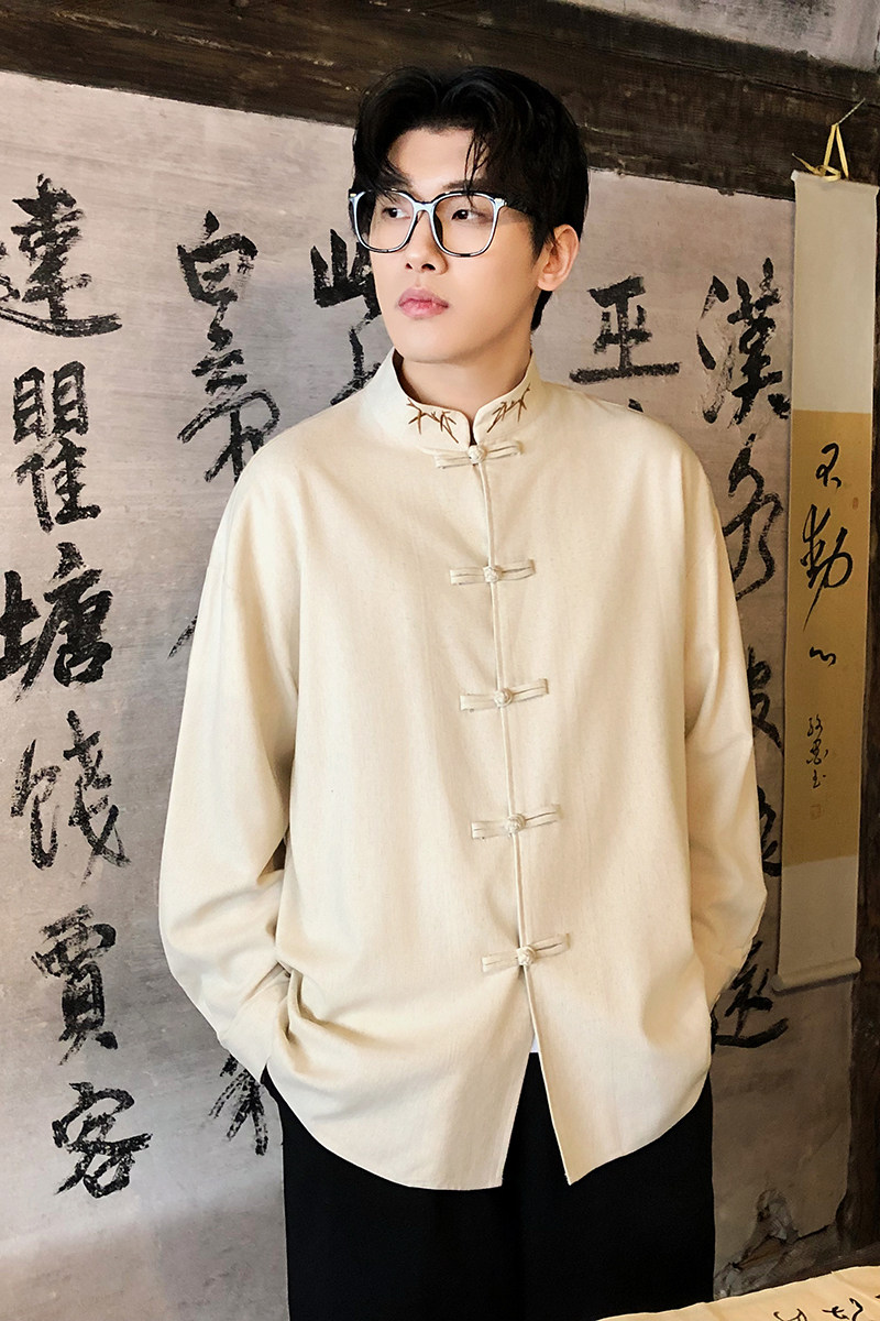 风新中式亚麻刺绣盘口衬衫休闲惬意风电商A100-C90-P70,男装衬衫,电商A100