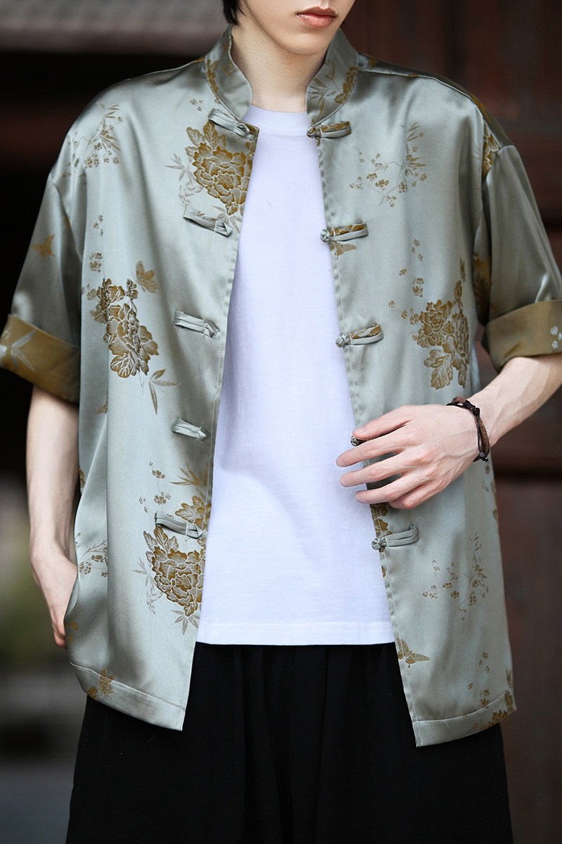 风新中式衬衫提花复古短袖盘扣撞色上衣A100-C328-P65,男装衬衫,电商A100