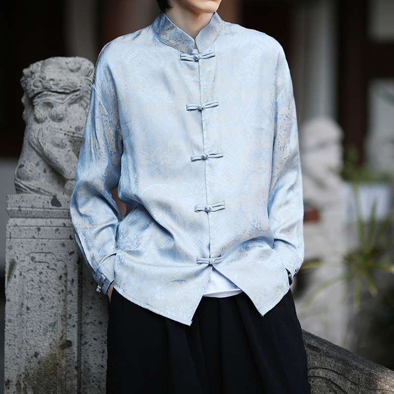 风免烫提花男高中生长袖衬衫大码春秋宽松古风,男装民族服装,电商A100