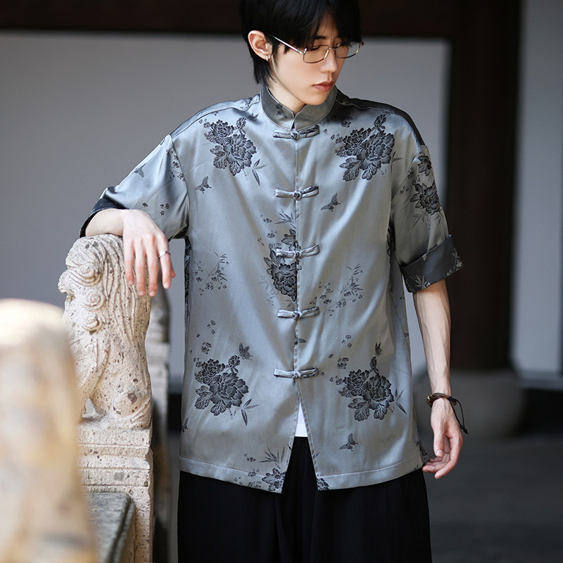 风新中式衬衫提花复古短袖盘扣撞色上衣A100-C328-P65,男装衬衫,电商A100