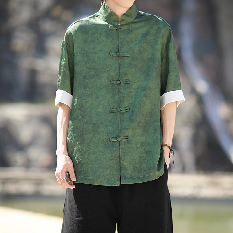 风新中式短袖盘扣衬衫压花复古上衣A100-C327-P65,男装T恤,电商A100