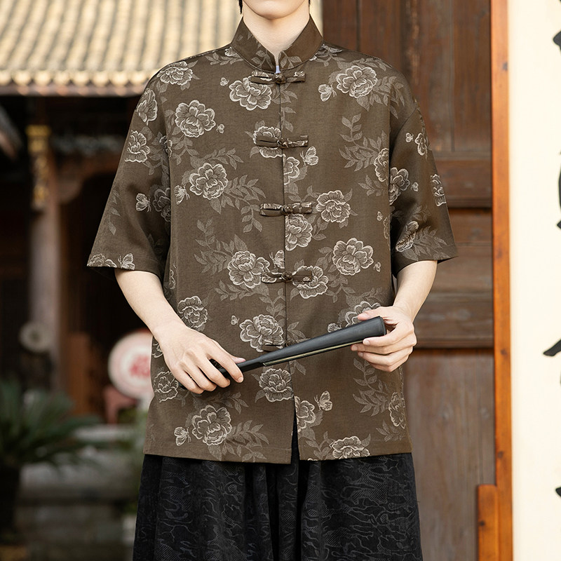 风中式牛仔提花短袖盘扣衬衫电商A100-2808-P75,男装T恤,电商A100