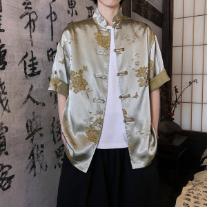 风新中式衬衫提花复古短袖盘扣撞色上衣A100-C328-P65图片