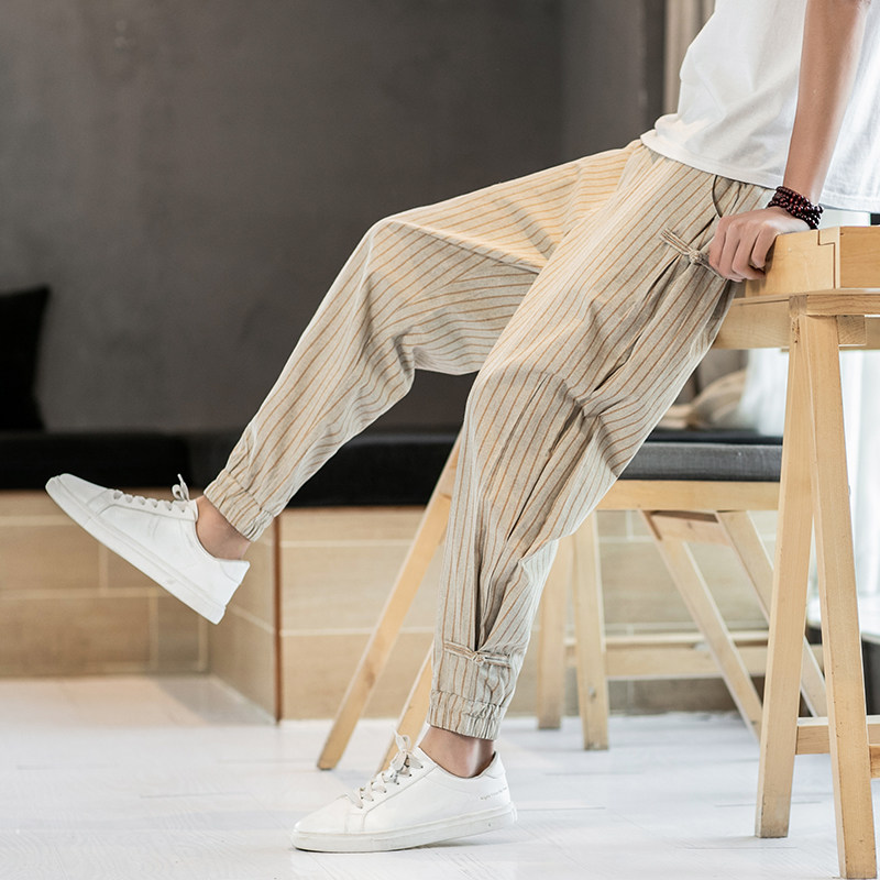 盘扣条纹束脚裤中国风民族风加大码休闲裤钱2塘4018-8802-P60，男装休闲裤，电商A100