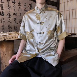 风新中式衬衫提花复古短袖盘扣撞色上衣A100-C328-P65图片