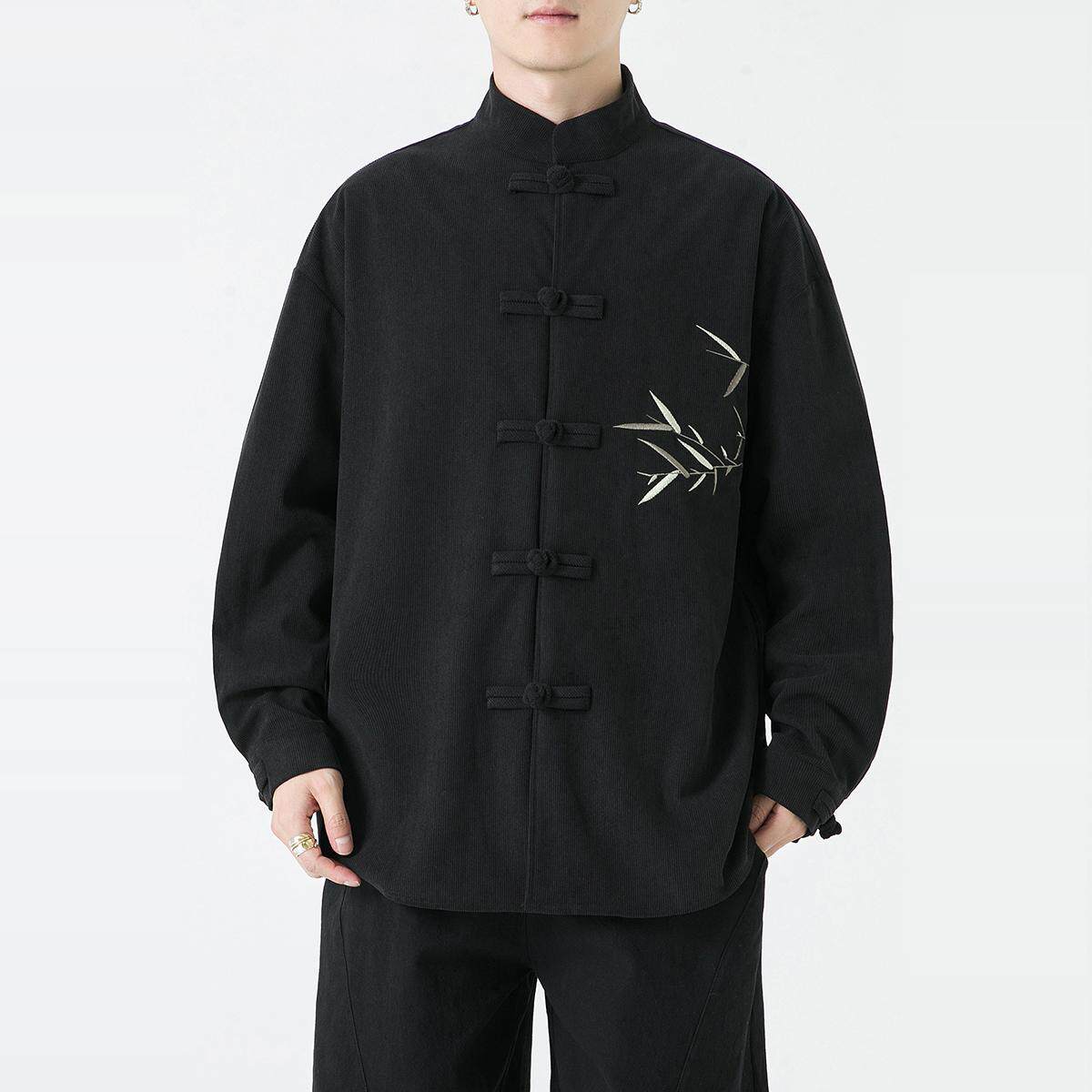 刺绣春秋青年男士紫色牛仔衬衫居士服外套盘扣大码复古古风宽松,男装民族服装,电商A100