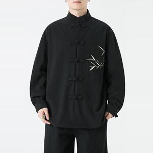 刺绣春秋青年男士紫色牛仔衬衫居士服外套盘扣大码复古古风宽松图片