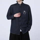 风新中式牛仔衬衫刺绣复古长袖上衣电商A100-C333-P65，男装衬衫，电商A100