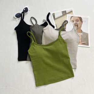 强烈推荐 细弹螺纹棉固定乳胶胸垫吊带背心女打底上衣 免穿文胸